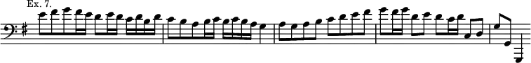 { \relative e' { \clef bass \key g \major \override Score.TimeSignature #'stencil = ##f \mark \markup \small "Ex. 7."
 e8[ fis g fis16 e] d8 e16 d c d b d |
 c8[ b a b16 c] b c b a g4 | %end line 1
 a8 g a b c d e fis g8 fis16 g d8 e |
 d8 c16 d c,8 d g g, g,4 } }