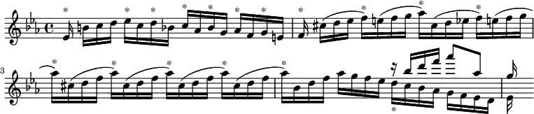 { \key ees \major \time 4/4 \relative e' { ees16^"*" b'[ c d] ees^"*" c d^"*" bes c^"*" aes bes^"*" g aes^"*" f g^"*" e | f^"*" cis'[( d ees] f^"*") e( f g aes)^"*" cis,( d ees f)^"*" e( f g | aes)^"*" cis,( d f aes)^"*" cis,( d f aes)^"*" cis,( d f aes)^"*" cis,( d f | aes)^"*" bes, d f aes g f ees << { r bes' d f aes8 aes, g16 s } \\ { d_"*" c bes aes g f ees d ees s } >> } }