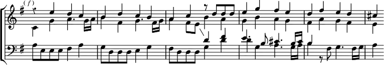 \new ChoirStaff << \override Score.BarNumber #'break-visibility = #'#(#f #f #f) \override Score.TimeSignature #'stencil = ##f \override Score.Rest #'style = #'classical
  \new Staff = "up" \relative e'' { \key g \major \time 4/4 \mark \markup \tiny { (\italic"f") } <<
    { r4 e d c | b d c b | a c r8 d d d |
      e4 g fis e | d fis e d | cis } \\
    { s1 s s2 b4 a | g b a g | fis a g fis | e } >> }
  \new Staff = "down" \relative c' { \clef bass \key g \major <<
    { \change Staff = "up" \stemDown c4  g' a4. g16 a |
      b4 fis g4. fis16 g | \showStaffSwitch 
      a4 fis8 e \change Staff = "down" \stemUp d4 fis |
      e4. b8 cis4. b16 cis | b4 } \\
    { a8 e e e fis4 a | g8 d d d e4 g | fis8 d d d g4 d' |
      d g, a4. g16 a | b4 r8 fis g4. fis16 g | a4 } >> } >>