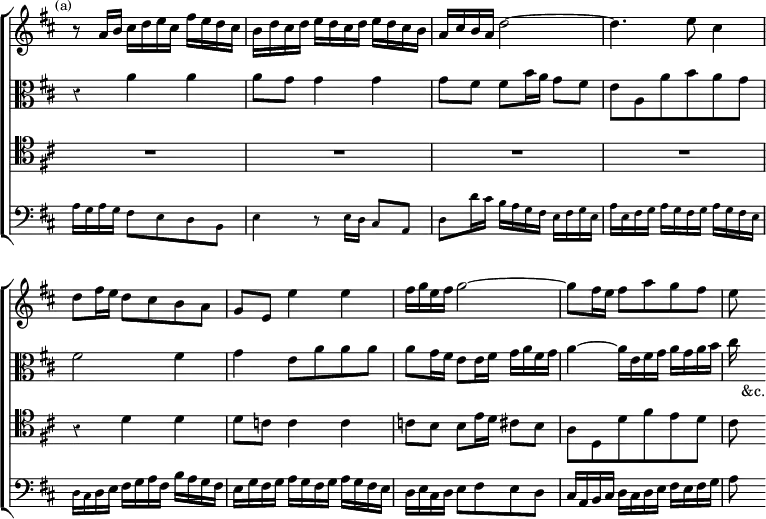 \new ChoirStaff << \override Score.BarNumber #'break-visibility = #'#(#f #f #f) \override Score.Rest #'style = #'classical \override Score.TimeSignature #'stencil = ##f
  \new Staff \relative a' { \key d \major \time 3/4 \mark \markup \small "(a)"
    r8 a16 b cis d e cis fis e d cis | b d cis d e d cis d e d cis b |
    a cis b a d2 ~ | d4. e8 cis4 | d8[ fis16 e] d8[ cis b a] |
    g e e'4 e | fis16 g e fis g2 ~ | g8[ fis16 e] fis8[ a g fis] | e }
  \new Staff \relative a' { \key d \major \clef alto
    r4 a a | a8 g g4 g | g8 fis fis b16 a g8 fis | e a, a' b a g |
    fis2 fis4 | g e8 a a a | a g16 fis e8 e16 fis g a fis g |
    a4 ~ a16 e fis g a g a b | cis s_"&c." }
  \new Staff \relative d' { \clef tenor \key d \major
    R2.*4 r4 d d | d8 c c4 c | c8 b b e16 d cis8 b |
    a d, d' fis e d | cis }
  \new Staff \relative a { \clef bass \key d \major
    \tiny a16 g a g fis8[ e d b] | e4 r8 e16 d cis8 a |
    d d'16 cis b a g fis e fis g e | a e fis g a g fis g a g fis e |
    d cis \normalsize d e fis g a fis b a g fis |
    e g fis g a g fis g a g fis e | d e cis d e8 fis e d |
    cis16 a b cis d cis d e fis e fis g | a8 } >>