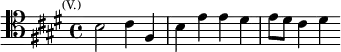 \relative b { \clef tenor \key e \major \time 4/4 \mark \markup \tiny { (V.) } b2 cis4 fis, | b e e dis | e8 dis cis4 dis }