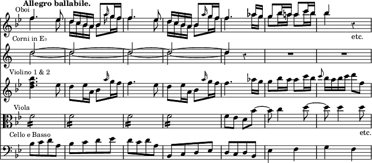 { << \new Staff << \override Score.BarNumber #'break-visibility = #'#(#f #f #f) \override Score.Rest #'style = #'classical \override Score.TimeSignature #'stencil = ##f \time 2/4 \tempo "Allegro ballabile." \key bes \major
 \new Voice \relative f'' { \stemUp
  f4.^\markup \small \right-align "Oboi" ees8 |
  d16 c bes a bes8 \grace a'16 g f | f4. ees8 |
  d16 c bes a bes8 \grace a'16 g f | %end line 1
  f4. aes16 g | g8 bes16 a! a8 c16 bes | bes4 r }
 \new Voice \relative f'' { \stemDown
  f4. ees8 | d16 c bes a bes8 \grace { \stemDown a'16 } g f | 
  f4. ees8 | d16 c bes a bes8 g'16 f | %end line 1
  f4. aes16 g | g8 bes16 a a8 c16 bes | bes4 s_"etc." } >>
\new Staff <<
 \new Voice \relative d'' { \stemUp
  d2^\markup \small \center-align "Corni in E♭" ^~ |
  d ^~ d ^~ d ^~ d4 r | R2 R }
 \new Voice \relative d'' { \stemDown
  d2 _~ d _~ d _~ d _~ | d4 s } >>
\new Staff \relative f'' { \key bes \major
  <f bes d,>4.^\markup \small \center-align "Violino 1 & 2" ees8 |
  d ees16 a, bes8 \grace a'16 g f |
  f4. ees8 | d ees16 a, bes8 \grace a'16 g f | %end line 1
  f4. aes16 g | g8 bes16 a a8 c16 bes |
  \grace c8 bes16 a bes c d8 f, }
\new Staff \relative f' { \clef alto \key bes \major
  f2:16^\markup \small \right-align "Viola" f: f: f: | %eol1
  f8 ees d bes' ~ | bes c4 d8 ~ | d d4 d8_"etc." }
\new Staff \relative b { \clef bass \key bes \major
  bes8[^\markup \small \center-align "Cello e Basso" c d a] |
  bes[ c d ees] | d[ c d a] | bes,[ c d ees] | %eol1
  d[ c d bes] | ees4 f | g f } >> }