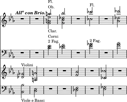 << \new Staff { \override Score.TimeSignature #'stencil = ##f \time 2/4 \key c \minor \tempo \markup { \italic { \concat { All \super o } con Brio. } } << \new Voice \relative a'' { \stemUp R2*2 a2^\markup { \smaller { \column { Fl. Ob. } } } bes R2 ces2^\markup { \smaller Fl. } R2 des2 }
\new Voice \relative f' { \stemDown s2 s <f a ees'>_\markup { \smaller { \column { Clar. Corni } } } <f bes des> s ces' s <des aes> } >> }
\new Staff { \clef bass \key c \minor \relative c' { R2*2 <c ees>2^\markup { \smaller "2 Fag." } <des f> R2 <ees ges>2^\markup { \smaller "2 Fag." } R2 <f aes> } }
\new Staff { \key c \minor \relative g' { <ges des>2^\markup { \smaller Violini } <a a,> R2*2 <bes f>2 R2 <ces ces,>2 R2 } }
\new Staff { \clef bass \key c \minor <bes bes,>2_\markup { \smaller "Viole e Bassi" } <ees c> R2*2 <f des>2 R2 <ges ees>2 R2 } >>