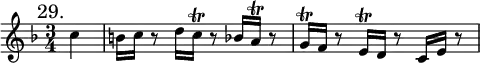 { \mark "29." \key f \major \time 3/4 \partial 4 \relative c'' {
  c4 | b16 c r8 d16 c\trill r8 bes16 a\trill r8 | g16\trill f r8 e16\trill d r8 c16 e r8 } }