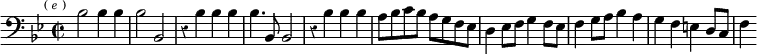  \relative b { \clef bass \key bes \major \time 2/2 \override Score.BarNumber #'break-visibility = #'#(#f #f #f) \override Score.Rest #'style = #'classical \mark \markup \tiny { ( \italic e ) }
  bes2 bes4 bes | bes2 bes, |
  r4 bes' bes bes | bes4. bes,8 bes2 |
  r4 bes' bes bes | %end of first line
  a8 bes c bes a g f ees | d4 ees8 f g4 f8 ees |
  f4 g8 a bes4 a | g f e d8 c | f4 }