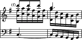 { << \new Staff << \override Score.TimeSignature #'stencil = ##f \time 3/8 \mark \markup \small "(f)" \key g \major
 \new Voice \relative d''' { \stemUp
  d8-. d-. d-. | b4. }
 \new Voice \relative a' { \stemDown
  <a fis'>16 <c a'> <b g'> <a fis'> <g e'> <a fis'> |
  <d, g'> <g d'> <fis c'> <g b> <a c,> <b b,> } >>
\new Staff \relative c { \clef bass \key g \major
 c4. ~ | c16 b a g fis g } >> }