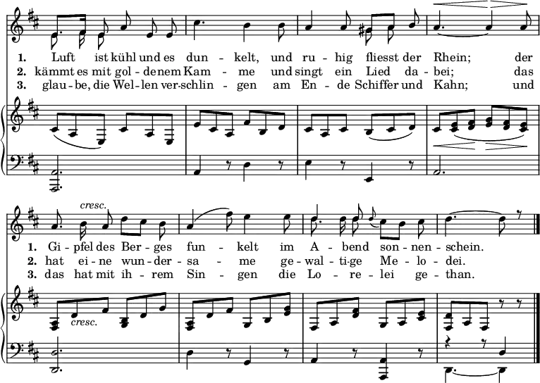 { \override Score.TimeSignature #'stencil = ##f
\override Score.BarNumber #'stencil = ##f %% Suppress bar numbering
<< \new Staff << \time 6/8 \key d \major 
  \new Voice = "first" { \voiceOne \relative e' { \autoBeamOff \mergeDifferentlyDottedOn
    e8.[ fis16] e8 a e e | \stemDown cis'4. b4 b8 |
    \stemUp a4 a8 gis8[ a] b | a4.^\< _~ a4\!^\> a8\! |
    a8. \stemDown b16^\markup { \italic cresc. } \stemUp a8 \stemDown d[ cis] b | \stemUp a4( \stemDown fis'8) e4 e8 |
    \stemUp d4 d8 \appoggiatura {\slurDown d8} \stemDown cis[ b] cis | d4. ~ d8 r \bar "|." } }

  \new Voice = "second" { \voiceTwo \relative e' { \autoBeamOff
    e8. fis16 e8 s4. | s2. | s4. g8 a s | s2.*3
    d8. d16 d8 } }
>>

\new Lyrics \lyricsto "first" { \set stanza = #"1. " Luft ist kühl und es dun -- kelt, und ru -- hig fliesst der Rhein; der
\set stanza = #"1. " Gi -- pfel des Ber -- ges fun -- kelt im A -- bend son -- nen -- schein. }

\new Lyrics \lyricsto "second" { \set stanza = #"2. " kämmt es \set associatedVoice = #"first" mit gol -- de -- nem Kam -- me und singt ein Lied da -- bei; das
\set stanza = #"2. " hat ei -- ne wun -- der -- sa -- me \set associatedVoice = #"second" ge -- wal -- ti -- \set associatedVoice = #"first" ge Me -- lo -- dei. }

\new Lyrics \lyricsto "second" { \set stanza = #"3. " glau -- be, \set associatedVoice = #"first" die Wel -- len ver -- schlin -- gen am En -- \set associatedVoice = #"second" de Schif -- \set associatedVoice = #"first" fer und Kahn; und
\set stanza = #"3. " das hat mit ih -- rem Sin -- gen die Lo -- re -- lei ge -- than. }

\new PianoStaff << \new Staff { \key d \major \relative c' {
    cis8( a e) cis' a e | e' cis a fis' b, d |
    cis a cis b( cis d) | cis\< <cis e>( <d fis>\! <e g>\> <d fis> <cis e>\!) |
    <a fis> d_\markup { \italic cresc. } fis <b, g> d g |
    <a, fis> d fis g, b <e g> |
    fis, a <d fis> g, a <cis e> | <d fis,> a fis r r } }

\new Staff { \clef bass \key d \major \relative a, {
    <a a,>2. | a4 r8 d4 r8 | e4 r8 e,4 r8 | a2. 
    <d d,>2. | d4 r8 g,4 r8 | a4 r8 <a a,>4 r8 |
    << { r4 r8 d4 } \\ { d,4. ~ d4 } >> } }
>> >> }