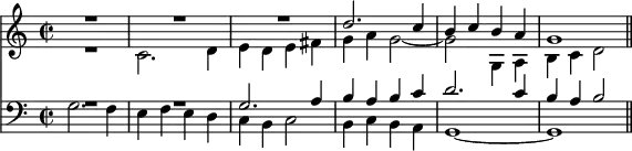 { \time 2/2 << \relative d'' << { R1*3 d2. c4 b c b a g1 \bar "||" } \\ { R1 c,2. d4 e d e fis g a g2 ~ g g,4 a b c d2 } >>
\new Staff { \clef bass \relative g << { R1*2 g2. a4 b a b c d2. c4 b a b2 } \\ { g2. f4 e f e d c b c2 b4 c b a g1 ~ g } >> } >> }