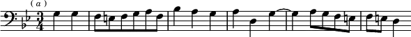 
\relative g { \clef bass \key bes \major \time 3/4 \partial 2 \mark \markup \tiny { ( \italic a ) } g4 g | f8[ e f g a f] | bes4 a g | a d, g ~ | g a8[ g f e] | f e d4 }