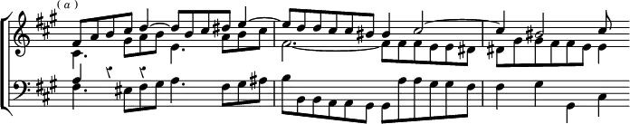 \new ChoirStaff << \override Score.Rest #'style = #'classical \override Score.TimeSignature #'stencil = ##f
  \new Staff \relative f' { \key fis \minor \time 6/4 \mark \markup \tiny { (\italic"a") } <<
    { fis8 a b cis d4 ^~ d8 b cis dis e4 ^~ |
      e8 d d cis cis bis bis4 cis2 ^~ | cis4 bis2 cis8 } \\
    { cis,4. gis'8 a b e,4. a8 b cis |
      fis,2. _~ fis8 fis fis e e dis |
      dis gis gis fis fis e e4 } >> }
  \new Staff \relative a { \clef bass \key fis \minor <<
    { a4 r r } \\
    { fis4. eis8 fis gis a4. fis8 gis ais |
      b b, b a a gis gis a' a gis gis fis | fis4 gis gis, cis } >> } >>