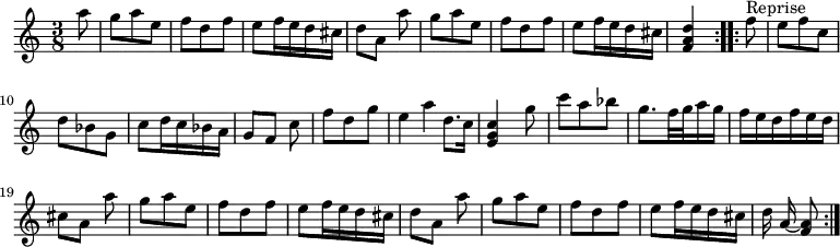 { \time 3/8 \partial 8 \relative a'' { \repeat volta 2 { a8 | g a e | f d f | e f16 e d cis | d8[ a] a' | g a e | f d f | e f16 e d cis | <d a f>4 } \repeat volta 2 { f8^"Reprise" | e f c | d bes g | c d16 c bes a | g8[ f] c' | f d g | e4*1/2 a d,8.*1/2 c16*1/2 | <c g e>4 g'8 | c a bes | g8. f32 g a16 g f e d f e d cis8[ a] a' | g a e | f d f | e f16 e d cis | d8[ a] a' | g a e | f d f | e f16 e d cis | d a ~ <a f>8 } } }