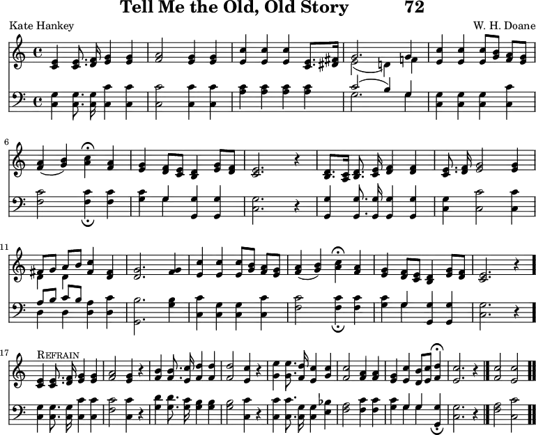 \version "2.16.2" 
\header { tagline = ##f title = \markup { "Tell Me the Old, Old Story" "          " "72" } composer = "W. H. Doane" poet = "Kate Hankey" }
\score { << << \new Staff { \key c \major \time 4/4 \relative e' { \autoBeamOff
  <e c>4 q8. <f d>16 <g e>4 q |
  <a f>2 <g e>4 q |
  <c e,> q q <e, c>8.[ <fis dis>16] |
  << { g2. g4 } \\ { e2( d!4) f! } >> |
  <c' e,> q q8[ <b g>] <a f>[ <g e>] | \break %end line 1
  <a f>4( <b g>) <c a>\fermata <a f> |
  <g e> <f d>8[ <e c>] <d b>4 <g e>8[ <f d>] |
  <e c>2. r4 |
  <d b>8.[ <c a>16] <d b>8. <e c>16 <f d>4 q |
  <e c>8. <f d>16 <g e>2 q4 | \break % end line 2
  << { fis8[ g] a[ b] } \\ { d,4 d } >> <fis c'>4 <fis d> |
  <g d>2. <g f>4 |
  <c e,> q q8[ <b g>] <a f>[ <g e>] |
  <a f>4( <b g>) <c a>\fermata <a f> |
  <g e> <f d>8[ <e c>] <d b>4 <g e>8[ <f d>] |
  <e c>2. r4 \bar "." \break %end line 3
  q4^\markup { \caps Refrain } q8. <f d>16 <g e>4 q |
  <a f>2 <g e>4 r |
  <b f> q8. <c e,>16 <d f,>4 q |
  q2 <c e,>4 r | % end line 4
  <e g,> q8. <d f,>16 <c e,>4 <c g> |
  <c f,>2 <a f>4 q |
  <g e> <c e,> <b d,>8[ <c e,>] <d f,>4\fermata |
  <c e,>2. r4 \bar "|." <c f,>2 <c e,> \bar ".." } }
\new Staff { \clef bass \key c \major \relative c { \autoBeamOff
  <c g'>4 q8. q16 <c c'>4 q |
  q2 q4 q | <a' c> q q q |
  << { c2( b4) g } \\ { g2. g4 } >> |
  <g c,>4 q q <c c,> | % end line 1
  <c f,>2 q4_\fermata q |
  <c g> << { g } \\ { g } >> <g g,> q |
  <g c,>2. r4 |
  <g g,> q8. q16 q4 q |
  <g c,> <c c,>2 q4 | % end line 2
  << { a8[ b] c[ b] } \\ { d,4 d } >> <d a'> <d c'> |
  <g, b'>2. <g' b>4 |
  <c, c'> <c g'> q <c c'> |
  <f c'>2 q4_\fermata q |
  <g c> << { g } \\ { g } >> <g g,> q |
  <g c,>2. r4 | % end line 3
  q4 q8. q16 <c c,>4 q |
  <c f,>2 <c c,>4 r |
  <d g,>4 q8. <c g>16 <b g>4 q | q2 <c c,>4 r | % end line 4
  q4 q8. <g c,>16 q4 <bes e,> |
  <a f>2 <c f,>4 q |
  <c g> << { g4 g } \\ { g g } >> <g g,>_\fermata |
  <g c,>2. r4 | <a f>2 <c c,> } } >> >>
\layout { indent = #0 }
\midi { \tempo 4 = 112 } }
