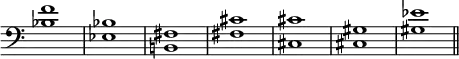 { \override Score.TimeSignature #'stencil = ##f \clef bass
<bes f'>1 <bes ees> <b,! fis> <fis cis'> <cis cis'> <cis gis> <gis ees'> \bar "||" }