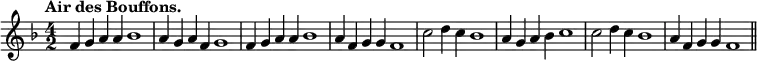 { \time 4/2 \key f \major \tempo "Air des Bouffons." \relative f' { f4 g a a bes1 | a4 g a f g1 | f4 g a a bes1 | a4 f g g f1 | c'2 d4 c bes1 | a4 g a bes c1 | c2 d4 c bes1 | a4 f g g f1 \bar "||" } }