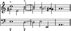 { \override Score.TimeSignature #'stencil = ##f \time 3/2 \key a \minor << \relative d'' << { d1^"*" c2^"*" ~ c b2. a4 a1. \bar "||" } \\ { gis2 e a ~ a a2. gis4 } >>
\new Staff { \clef bass \key a \minor \relative e { e1 d2 ~ d e e, a1. } }
\figures { < 7 >1 <7>2 } >> }