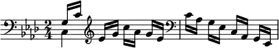 { \key aes \major \time 2/4 \clef bass \relative g { << { g16[ c] \clef treble ees[ g] } \\ { c,,4 } >> c''16[ aes] g[ ees] | \clef bass c[ aes] g[ ees] c[ aes] g[ ees] } }