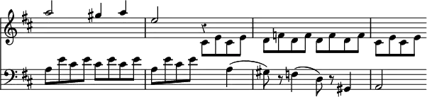 << \override Score.Rest #'style = #'classical \override Score.TimeSignature #'stencil = ##f \new Staff << \key d \major \new Voice \relative a'' { \stemUp a2 gis4 a | e2 r4 }
\new Voice \relative c' { \stemDown s1 s2 cis8 e cis e | d f d f d f d f | cis e cis e } >>
\new Staff { \clef bass \key d \major \relative a { a8 e' cis e cis e cis e | a, e' cis e s4 a,( | gis8) r f4( d8) r gis,4 | a2 } } >>