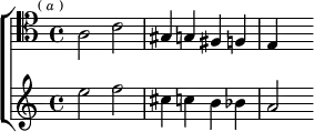  \new ChoirStaff <<
  \new Staff \relative a { \clef tenor \key a \minor \time 4/4 \mark \markup \tiny { (\italic"a") }
    a2 c | gis4 g fis f | e s }
  \new Staff \relative e'' { \key a \minor
    e2 f | cis4 c b bes | a2 } >>