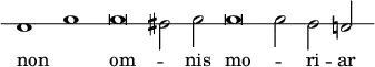 { \override Score.TimeSignature #'stencil = ##f \override Score.Clef #'stencil = ##f \override Staff.StaffSymbol #'line-count = #1 { \cadenzaOn a'1 c'' c''\breve bis'2 c'' c''\breve c''2 bis' a'! } \addlyrics { non _ om -- _ nis mo -- _ ri -- ar } }