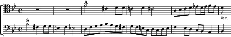  \new ChoirStaff <<
  \new Staff \relative f' { \clef tenor \key bes \major \time 4/4 R1*2
    f2^\markup \bold "A" cis4 d8 d | c!4 d cis2 |
    a8 bes c d ees! d16 ees f8 ees | d_"&c." }
  \new Staff \relative b { \clef bass \key bes \major
    bes2^\markup \bold "S" fis4 g8 g | e4 f ees2 |
    d8 f g a bes a g fis | g f e c d c d e |
    f4 ees8 d c bes a4 | bes } >> 