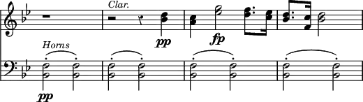 { \override Score.TimeSignature #'stencil = ##f \override Score.Rest #'style = #'classical \key bes \major << \relative d'' { r1 r2^\markup { \smaller \italic Clar. } r4 <d bes>\pp <c a> <g' ees>2\fp <f d>8. <ees c>16 <d bes>8. <c f,>16 <bes d>2 }
\new Staff { \clef bass \key bes \major \relative f { <f bes,>2-.(\pp^\markup { \smaller \italic Horns } <f bes,>-.) <f bes,>-.( <f bes,>-.) <f bes,>-.( <f bes,>-.) <f bes,>-.( <f bes,>-.) } } >> }