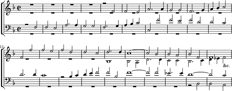 \new ChoirStaff <<
  \new Staff \relative f' { \key f \major \time 2/2 <<
    { R1*4 r2 f | f e | a2. a4
      g2 g | f2. g4 | a bes c2 | f, f' | f e | f d | d c |
      d2. d4 | c1 ~ | c2 bes | bes a | bes f | f1 } \\
    { R1*14 bes,1 bes2 a | d2. d4 |
      c2 c | bes2. c4 | d ees f2_"&c." } >> }
  \new Staff \relative f { \key f \major \clef bass <<
    { r2 f | f e | a2. a4 | g2 g | f2. g4 | a bes c2 | c, f' |
      f e | f d | d c | d2. d4 | c1 | r2 bes4 c | d e f2 |
      f bes, | f'1 ~ f2 f | ees2. ees4 | d1 ~ | d2 c } \\
    { R1*18 r2 bes, | bes a } >> } >>