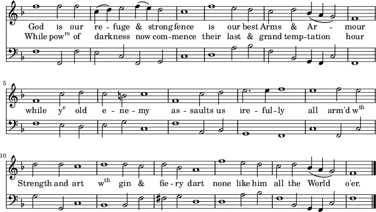 << \new Staff \relative d'' { \time 4/2 \key f \major \autoBeamOff \omit Staff.TimeSignature \override Staff.Rest.style = #'classical \override Stem.neutral-direction = #down 
  f1 f2 f | c4 (d) e2 f4 (e) d2 | \cadenzaOn c1 \cadenzaOff \bar "|" f1 e2 d | c d \stemUp bes4 (a g2) \stemNeutral | \cadenzaOn f1 \cadenzaOff \bar "|"  
  f1 c'2 d | c b c1 | f,1 c'2 d e2. e4 f1 | e1 f2 e | 
  d d c1 | d1 d2 c | d bes a1 | f' e2 d | c d \stemUp bes4 (a g2) \stemNeutral | \cadenzaOn f1 \bar "|." }
\addlyrics { God is our re -- fuge & strong fence is our best Arms & Ar -- mour }
\addlyrics { While \markup{\concat{pow\super{rs}}} of dark -- ness now com -- mence their last & grand temp -- tation hour while \markup{\concat{y\super{e}}} old e -- ne -- my as -- saults us ire -- ful -- ly  all arm'd \markup{\concat{w\super{th}}} Strength and art \markup{\concat{w\super{th}}} gin & fie -- ry dart none like him all the World o'er.  }
\new Staff \relative d { \clef bass \key f \major \autoBeamOff \omit Staff.TimeSignature \override Staff.Rest.style = #'classical
  f1 f,2 f' | e c f, g | \cadenzaOn c1 \cadenzaOff \bar "|" d a'2 bes | f bes, g4 f c'2 | \cadenzaOn f,1 \cadenzaOff \bar "|" 
  f' e2 d | e g c,1 | f a,2 bes | g1 f | c' f,2 c' |
  g' g, c1 | bes bes2 f' | fis g d1 | d a'2 bes | 
  << { \voiceOne f1 } \new Voice { \voiceTwo s2 \stemUp bes,2 } >> \oneVoice g4 f c'2 | f1 \bar "|." } >>