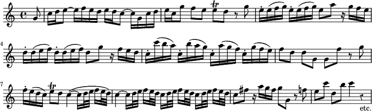 \score { \relative g' { \time 4/4 \partial 8 \override Score.Rest #'style = #'classical \set Staff.midiInstrument = "trumpet"
 g8 | c16 d e8 ~ e16 f e d e d c8 ~ c16 g c d |
 e c g'8 f e e\trill d r g | %end line 1
 e16-. e( f g) e-. e( f g) e8 a r16 g f e |
 d-. d( e f) d-. d( e f) d8 g r16 f e d | %end line 2
 c-. c'( b a) c,-. b'( a g) c,-. a'( g f) c-. g'( f e) |
 f8 d d[ g,] g f' r g | %end line 3
 f16-. e( d c) e8\trill d c4^\( ~ c16[ d32 e] f16 e32 d\) |
 c4 ~ c16 d32 e f16[ e32 d] c16[ d32 e] f16 e32 d c16[ d32 e] f16 e32 d | %three notes interpolated per appendix note below
 c8 fis r16 a g fis g8 g, r f' | e c' d,[ b'] c4 r_"etc." }
\midi { \tempo 4 = 60 }
\layout { indent = #0 } }
\header { tagline = ##f }