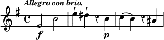 { \time 4/4 \key e \minor \override Score.Rest #'style = #'classical \tempo \markup { \smaller \italic "Allegro con brio." } \relative e' { e2\f b' | e4-! dis-! r b\p | c( b) r ais } }