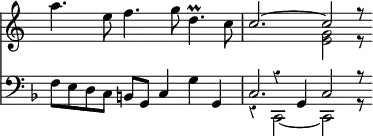 { \override Score.Rest #'style = #'classical \override Score.TimeSignature #'stencil = ##f \time 3/2 << \relative a'' { a4. e8 f4. g8 d4.\prall c8 | << { c2. ~ c2 r8 \bar ":|" } \\ { s2. <g e>2 r8 } >> }
\new Staff { \clef bass \key f \major \relative f { f8 e d c b g c4 g' g, << { c2. c2 r8 } \\ { r4 c,2 ~ c r8 } \\ { s4 r g' } >> } } >> }