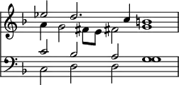 << \override Score.TimeSignature #'stencil = ##f \time 5/2 \new Staff << \key f \major \new Voice { \voiceOne \relative e'' { ees2 d2. c4 b1 } } \new Voice { \voiceTwo \relative a' { a4 g2 fis8 e fis!2 g1 } } >>
\new Staff << \clef bass \key f \major \new Voice { \voiceOne c'2 bes a g1 } \new Voice { \voiceTwo c2 d d g1 } >> >>