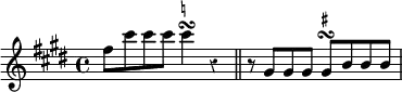 { \relative f'' { \key cis \minor \time 4/4 \override Score.Rest #'style = #'classical
 fis8 cis' cis cis cis4\turn^\markup \teeny \natural r \bar "||"
r8 gis, gis gis gis\turn^\markup \teeny \sharp b b b } }