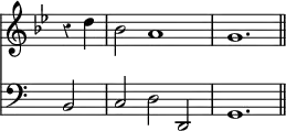 { \override Score.TimeSignature #'stencil = ##f \override Score.Rest #'style = #'classical \time 3/2 \key g \minor \partial 2 << \relative d'' { r4 d bes2 a1 g1. \bar "||" } \new Staff { \clef bass \relative b, { b2 c d d, g1. } } >> }