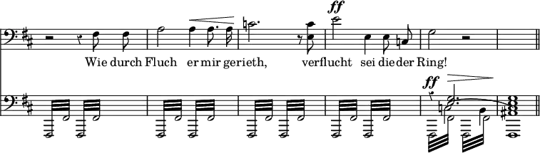 { \override Score.TimeSignature #'stencil = ##f \time 4/4 \override Score.Rest #'style = #'classical \key b \minor << \clef bass \relative f { \autoBeamOff r2 r4 fis8 fis | a2 a4^\< a8. a16 | c2.\! r8 <c e,>8 | e2^\ff e,4 e8 c | g'2 r | s1 \bar "||" }
\addlyrics { Wie durch Fluch er mir ge -- rieth, ver -- flucht sei die -- der Ring! }
\new Staff { \clef bass \key b \minor \repeat unfold 8 { \repeat tremolo 8 { fis,,32 fis, } } << { r4^\ff <e g>2.^\> | <cis e g>1\! } \\ { \repeat unfold 2 { \repeat tremolo 8 { fis,,32 fis, } } | fis,,1 } \\ { \stemDown s4 c2( b,4 ais,1) } >> } >> }