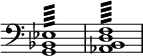 { \override Score.TimeSignature #'stencil = ##f \clef bass <ees bes, g,>1:64 <f d b, aes,>: }