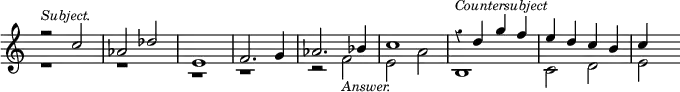 { \override Score.Rest #'style = #'classical \override Score.TimeSignature #'stencil = ##f \time 4/4 \relative c'' << { r2^\markup { \smaller \italic Subject. } c aes des e,1 f2. g4 aes2. bes4 c1 r4^\markup { \smaller \italic Countersubject } d g f e d c b c } \\ { r1 r1 r1 r1 r2 f,_\markup { \smaller \italic Answer. } e a b,1 c2 d e } >> }