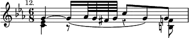 { \relative g' { \key ees \major \time 6/8 \mark \markup \small "12." \override Score.Rest #'style = #'classical
<< { g4 ^~ g16_( aes64 g fis g c8 g) g } \\ 
   { <ees c>4 r8 r4 <f b,>8 } >> } }