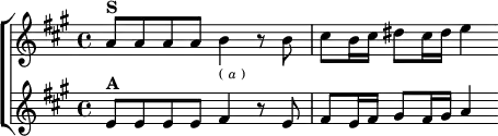  \new ChoirStaff <<
  \new Staff \relative a' { \key a \major \time 4/4
    a8^\markup \bold "S" a a a b4_\markup \tiny { ( \italic a ) } r8 b
    cis b16 cis dis8 cis16 dis e4 }
  \new Staff \relative e' { \key a \major
    e8^\markup \bold "A" e e e fis4 r8 e |
    fis8 e16 fis gis8 fis16 gis a4 } >> 