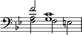 { \override Score.TimeSignature #'stencil = ##f  { \key bes \major \time 3/2 \clef bass << { f'2 <c' g>1 } \\ { <a f>2 f e } >> } }