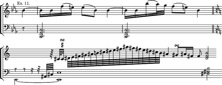 \new ChoirStaff << \override Score.BarNumber #'break-visibility = #'#(#f #f #f) \override Score.Rest #'style = #'classical \override Score.TimeSignature #'stencil = ##f
  \new Staff \relative b' { \key c \minor \time 3/4 \partial 4 \mark \markup \small "Ex. 11."
    bes4 ~ | bes16 bes f'( e) e8( bes) bes4 ~ |
    bes16 bes bes'( aes32) g f8( e) bes4 \bar "||" \key c \major
    \cadenzaOn s4.... r64 cis,64[  \once \override TextScript.script-priority = #-100 cis32]^\markup { \sharp }\turn
    dis64[ e fis gis ais b! cis dis e fis ais gis! fis! e dis! cis! b]
    ais!4 gis!8[\turn ais!16 fis!] fis8 <dis fis b>2 }
  \new Staff \relative c { \clef bass \key c \minor
    r4 <c g c,>2. q \key c \major << { r4 r8 r16 r32 ais64[ cis] e1 } \\ { e,2 _~ e1 } >> <dis' fis b>2 } >>