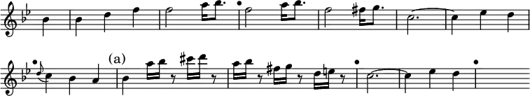 \relative b' { \key bes \major \time 3/4 \override Score.TimeSignature #'stencil = ##f \override Score.BarNumber #'break-visibility = #'#(#f #f #f) \override Score.TimeSignature #'stencil = ##f \partial 4
  bes4 | bes d f | f2 a16 bes8. | \mark "•" f2 a16 bes8. | f2 fis16 g8.
  c,2. ~ | c4 ees d | \mark "•" \appoggiatura d8 c4 bes a |
  \mark "(a)" bes a'16 bes r8 cis16 d r8 |
  a16 bes r8 fis16 g r8 d16 e r8 | \mark "•" c2. ~ c4 ees d | \mark "•" s }