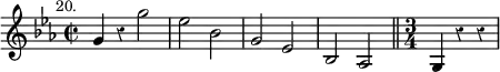 { \override Staff.Rest #'style = #'classical \time 2/2 \key ees \major \relative g' { \mark \markup \small "20." g4 r g'2 | ees bes | g ees | bes aes \bar "||" \time 3/4 g4 r r | } }