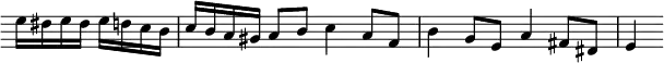 { \relative e'' { \override Score.TimeSignature #'stencil = ##f \override Score.Clef #'stencil = ##f \partial 2
  e16 dis e dis e d c b | c b a gis a8 b c4 a8 f |
  b4 g8 e a4 fis8 dis | e4 } }