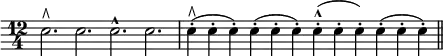 { \time 12/4 \override Score.Clef #'stencil = ##f \clef bass
 e2.^\rtoe e e^^ e |
 e4-.(^\rtoe e-. e-.) e-.( e-. e-.) e-.(^^ e-. e-.) e-.( e-. e-.) \bar "||" }