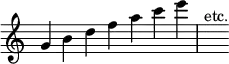 { \override Score.TimeSignature #'stencil = ##f \time 7/4 \relative g' { g4 b d f a c e s^"etc." } }