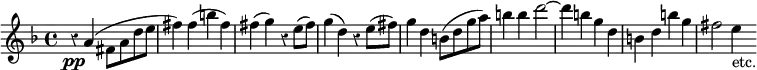 { \time 4/4 \key f \major \override Score.Rest #'style = #'classical \relative a' { r4\pp a( fis8 a d e | fis4) fis( b fis) | fis( g) r e8( fis) | g4( d) r e8( fis) | g4 d b8( d g a) | b4 b d2 ~ | d4 b g d | b d b' g | fis2 e4_"etc." } }