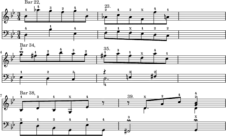 { \time 3/4 \key g \minor << \relative b' { bes8-1^"Bar 22," aes'-4 g-3 f-2 g-4 bes,-1 | aes-2^"23." c-4 aes-2 f^x f'-4 a,-1 | s2. | \break
g'8\prall-2^"Bar 34," fis-1 g-2 bes-4 a-3 g-2 | fis-1^"35." a-3 fis-1 d^x a'-4 c,-1 | s2. | \break
bes,8-1^"Bar 38," d-3 bes-1 g^x ees'-4 r | \mergeDifferentlyDottedOn r^"39." << { d^x a'-2 c-4 <bes^4 g^2>4 | } \\ { d,4. d4 } >> }
\new Staff { \clef bass \key g \minor \relative d { d4-4 bes'-1 ees,-4 | f8-2 g-1 f^x ees-1 d-2 c-2 | s2. | ees4-1 d-2 c-3 << { r e-3 fis-2 } \\ { d2.-4 } >> | s2. | \stemDown g8^x d-1 bes-2 g-4 ees'-1 g,-4 | \stemNeutral fis2\prall-3 g4\mordent^x } } >> }