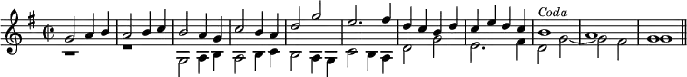 { \time 2/2 \key g \major << \relative g' { g2 a4 b | a2 b4 c | b2 a4 g | c2 b4 a | d2 g | e2. fis4 | d c b d | c e d c | b1^\markup { \smaller \italic Coda } | a | g \bar "||" } \\ \relative g { r1 | r | g2 a4 b | a2 b4 c | b2 a4 g | c2 b4 a | d2 g | e2. fis4 | d2 g ~ | g fis |g1 } >> }