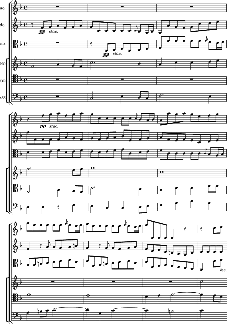 \new ChoirStaff <<
  \new Staff \with { instrumentName = \markup { \caps "Violino" 1mo. } }
    \relative f'' { \key f \major \time 4/4 \override Score.Rest #'style = #'classical \override Score.BarNumber #'break-visibility = #'#(#f #f #f)
     R1*3 %end page
     r4 f8\pp g_\markup \italic "stac." a f g a |
     g c, c c c c \grace c bes a16 bes |
     a8 a' g a g e f g %end line
     a f f f f f \grace g f e16 f |
     g8 e e e e e \grace f e d16 e |
     f8 g,, g g g4 r | r c'8 d
    }
  \new Staff \with { instrumentName = \markup { \caps "Violino" 2do. } }
     \relative f' { \key f \major
     r4 f8\pp g_\markup \italic "stac." a f g a |
     g c, c c c c \grace c bes a16 bes |
     a8 a' g f g c d e | %end page
     f8 f, f f f a g f | g f g a bes e, f g | a f e f e c d e %end line
     f4 r8 a a g a b | g4 r8 g g f g a |
     f d e c b a g b | c c c c
  }
  \new Staff \with { instrumentName = \markup \caps "Viola" }
     \relative c { \key f \major \clef alto
     R1 r4 c8\pp d_\markup \italic "stac." e c d e |
     f f' f f f f \grace f e d16 e %end page
     d4 d8 e f d e f | e d e f g c, d e | f c c c c c \grace c bes a16 bes %end line
     a8 a b c d e f d | e g, a b c d e c |
     d f, g a g f e d | c4 e'8 f_"&c."
    }
   \new ChoirStaff <<
     \new Staff \with { instrumentName = \markup \caps "Soprano" }
       \relative f' { \key f \major
        f2 a4 g8 f | c'2. bes4 | a c c d8 e %end page
        f2. e8 f | g1 c, %end page
        R1*3 c2
       }
     \new Staff \with { instrumentName = \markup \caps "Tenor" }
       \relative f { \key f \major \clef tenor
        R1*3 %end page
        f2 a4 g8 f | c'2. bes4 | a c c e8 e %end line
        f1 e d4 e f2 ~ | f4 e8 d
       }
     \new Staff \with { instrumentName = \markup \caps "Bass" }
       \relative c { \clef bass \key f \major 
       R1 c2 e4 d8 c | f2. e4 %end page
       d d r f | e c c d8 e | f4 a c a | %end line
       a4 b8 c d2 ~ | d4 g, c2 ~ | c b | c
     }
   >>
>>