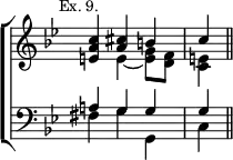 \new ChoirStaff << \override Score.TimeSignature #'stencil = ##f
  \new Staff \relative c'' { \key bes \major \time 3/4 \mark \markup \small "Ex. 9."
    <c a e>4 << { <a cis> b | c } \\ { e, ~ <e g>8 <d f> | <e c>4 } >> \bar "||" }
  \new Staff \relative a { \clef bass \key bes \major
    << { a!4 g g | g } \\ { fis g g, | c } >> } >>